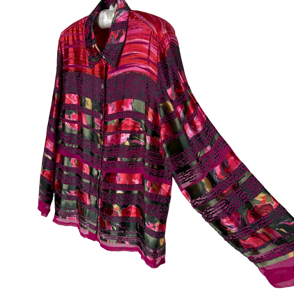 Coldwater Creek Blouse Size 2X Floral Striped Silk Rayon Semi-Sheer Button Down - Picture 2 of 12